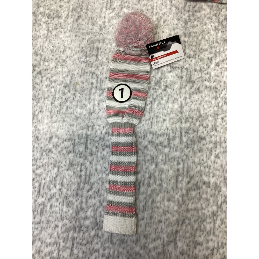 Maxfli Knit Driver Golf Club Head Cover Pink Grey White Striped Pom Pom MX519